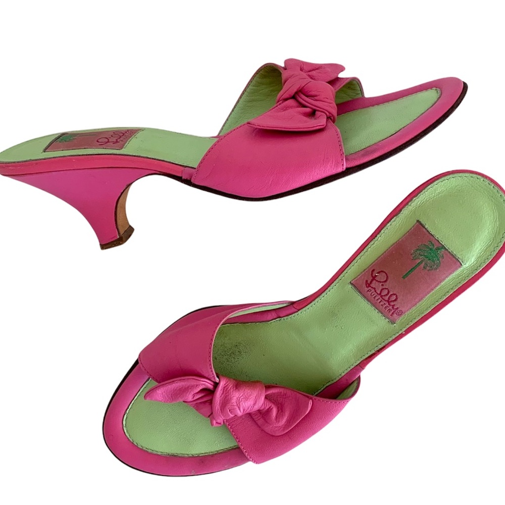 LILLY PULITZER Pink Palm Cassy Napa Conch Kitten Heel Slides Mules Size 8